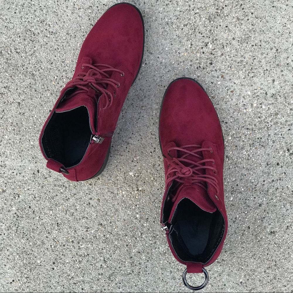 New! Kennedy Burgundy Wine Faux Suede COMBAT BOOTS - Picture 4 of 8
